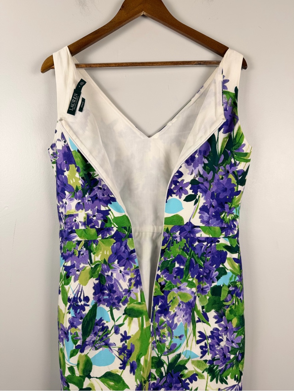 Lauren Ralph Lauren Midi Dress 6 White Cotton Purple Floral Easter Spring - Picture 7 of 7
